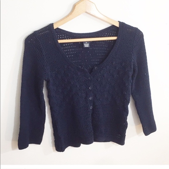 Lucky Brand Navy Blue crochet knit boho Cardigan size XS - Picture 1 of 7